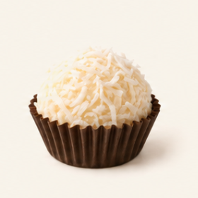 Coconut brigadeiro coated in fine shredded coconut, in a brown paper cup